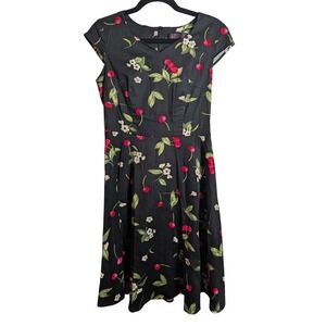 Dress Tells Cherry Floral Print Fit & Flare Dress Black Medium Retro‎